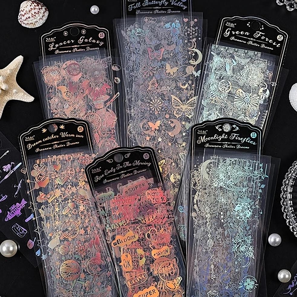 

Aesthetic Retro Holographic Sticker Pack 12 Sheets - Waterproof Pet, Cute Stickers For Scrapbooking, Toploader Deco, Journaling