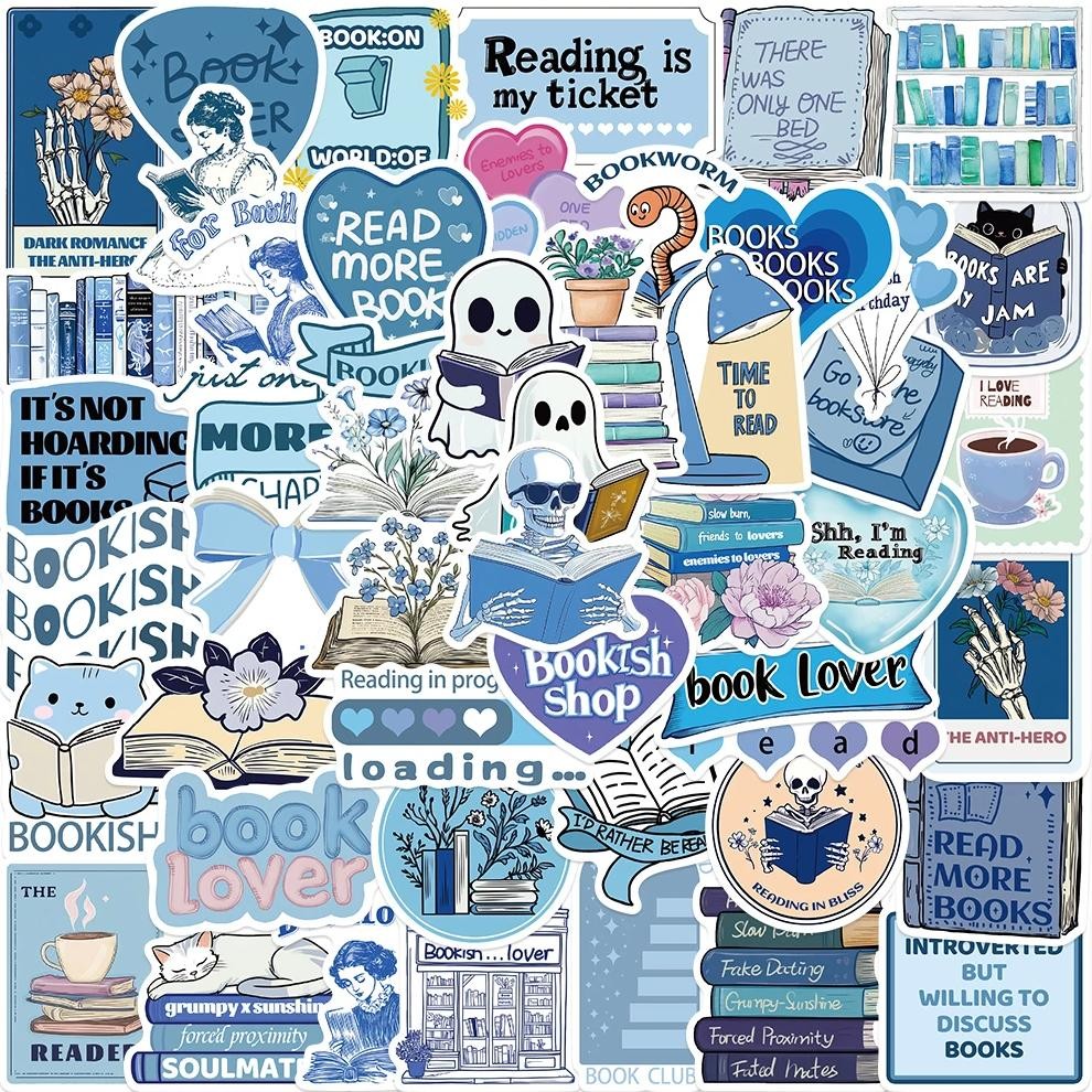 

50Pcs Cute Cartoon Aesthetic Reading Book Stickers Blue Bookish Sticker For Luggage Laptop Guitar Phone Waterproof Vinyl Decals