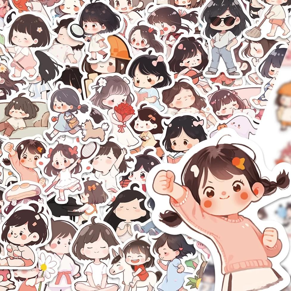 

64Pcs Cute Girl Illustrations Wind Hand Account Stickers Expression Pack Korean Cute Cubs Daily Waterproof Stickers