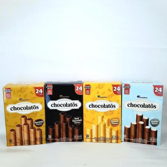 

Chocolatos Wafer Roll 12gr 14gr isi 24pcs (coklat, dark, keju, vanila)