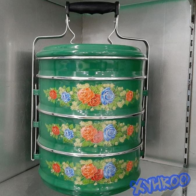 Terlaris Rantang Enamel Besar Susun 4 Ukuran 24Cm Motif Mawar Hijau Ready Stok