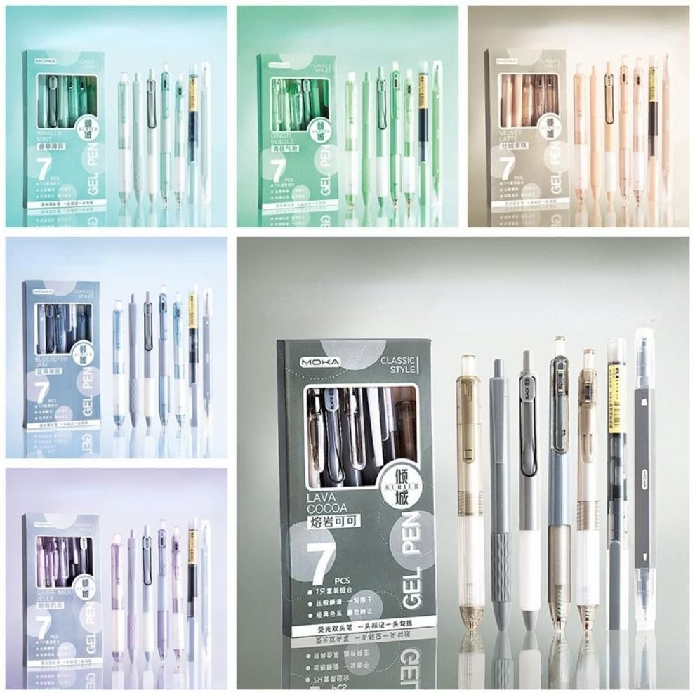 

1 SET 7PCS PULPEN GEL MEKANIK 0.5 MM DENGAN BANTALAN PENA NYAMAN MATTE COLOR EDITION /Termasuk Highlighter Pulpen / Ballpoint Pen Retractable Gel Pen DiM