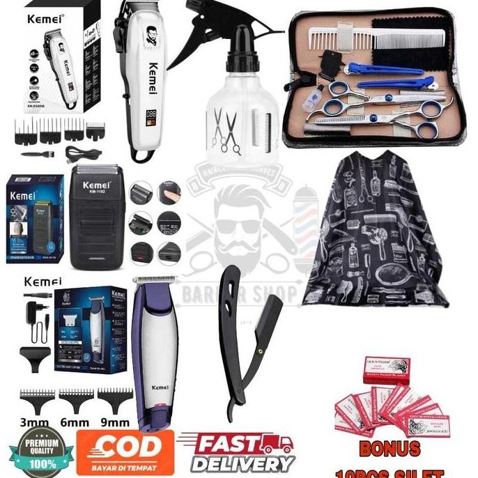 PAKETAN MESIN CUKUR RAMBUT  ELEKTRIK PAKETAN GUNTING CUKUR BARBERSHOP Sisir
