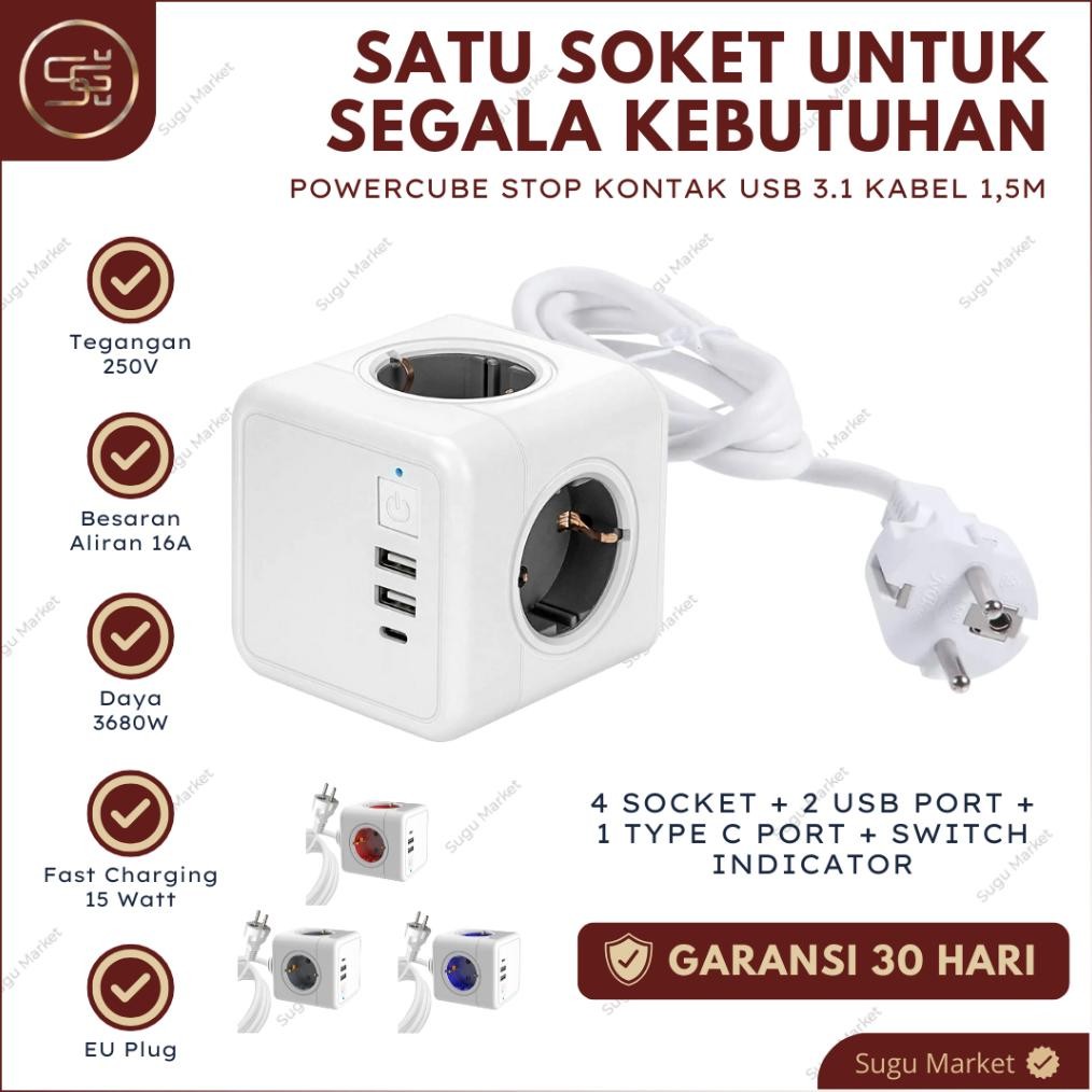 SOPEND Stop Kontak USB Fast Charging | Powercube Stop Kontak Kabel 1,5 Meter| Powercube Extended USB