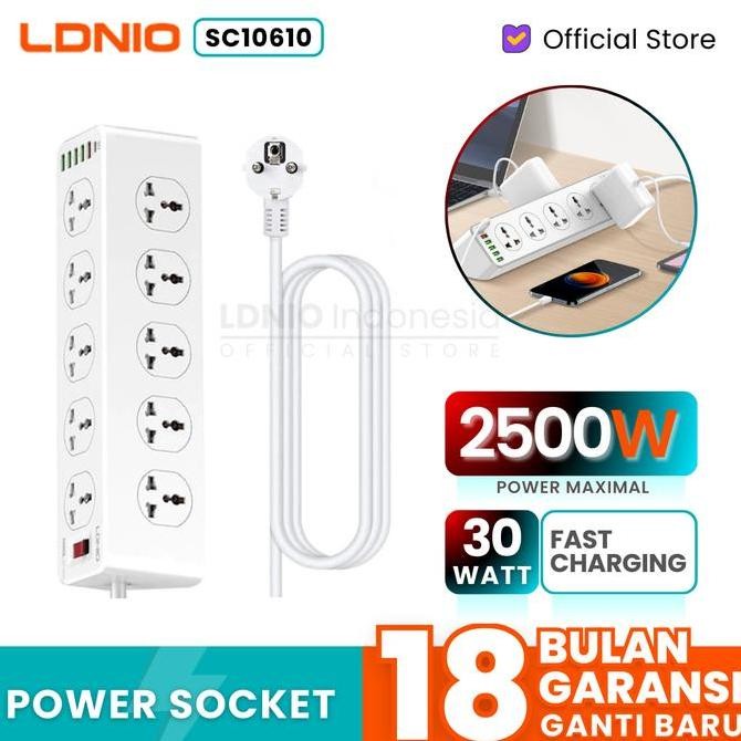 Ldnio Sc10610 Power Strip Extension Stop Kontak 10 Socket 5 Usb 1 Pd