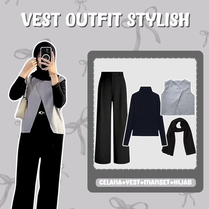 One set hijab ootd koreanOutfit konser Setelan Baju Dewasa (nuna vest,manset hitam,celana