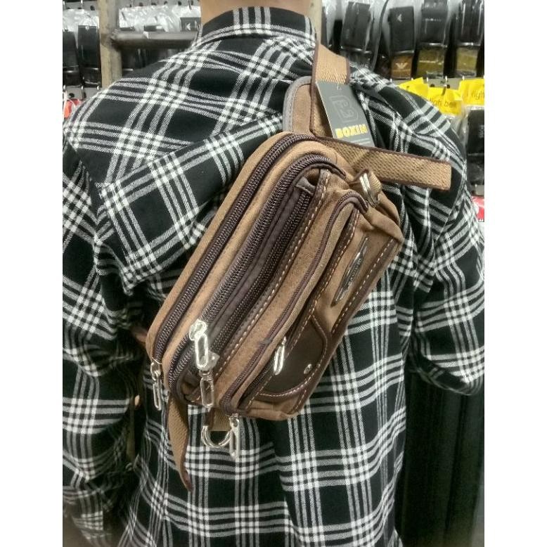 Promo (Cod)Tas Pinggang Pria Kanvas Premium/Westbag Pria Terbaik/Tas Dada Pria Dengan Banyak Sleting
