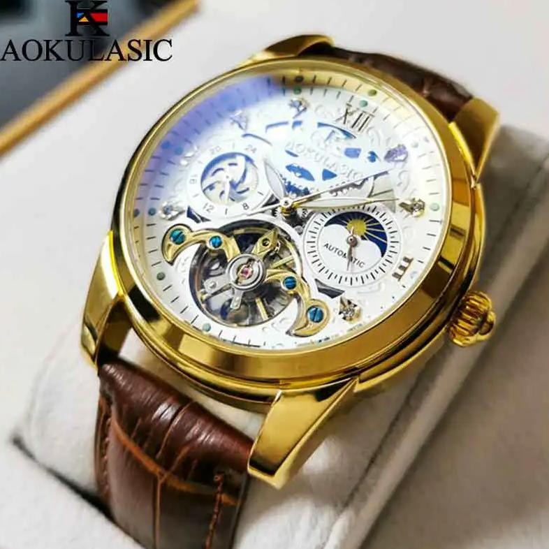 AOKULASIC Mens Automatic Mechanical Watches Business Moon Phase Hollow Out Tourbillon Comfortable Le