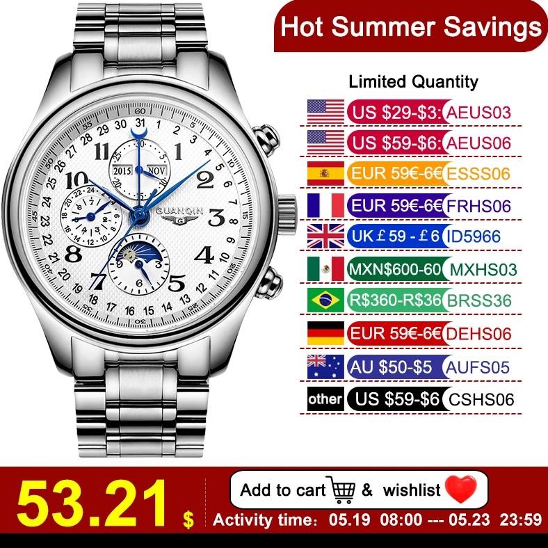 GUANQIN 2025 Men Watches Top Brand Luxury Mechanical Automatic Stainless Steel Waterproof Moon Watch