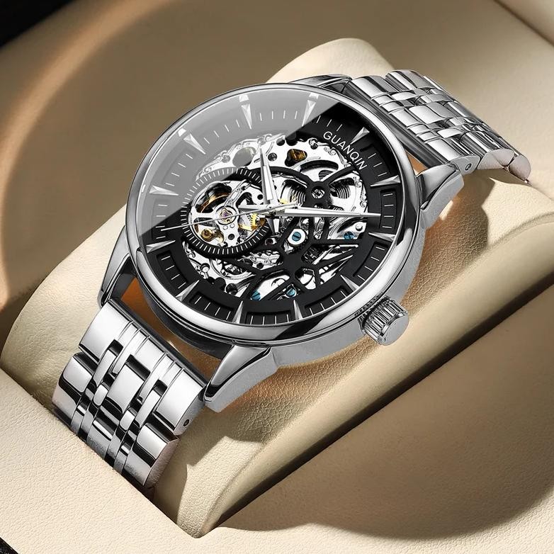 GUANQIN Mechanical Hollow out Dial Men's watches Stainless steel Luxury Waterproof watch for men Lum