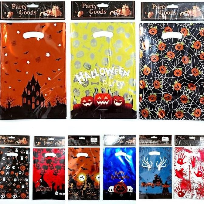 

''Terlaris" Kantong Halloween Isi 10 Tas Goodie Bag Tema Haloween Kantong Plastik Kilap Glossy Alumunium Bag Motif Labu Pumpkin Murah Grosir Murah