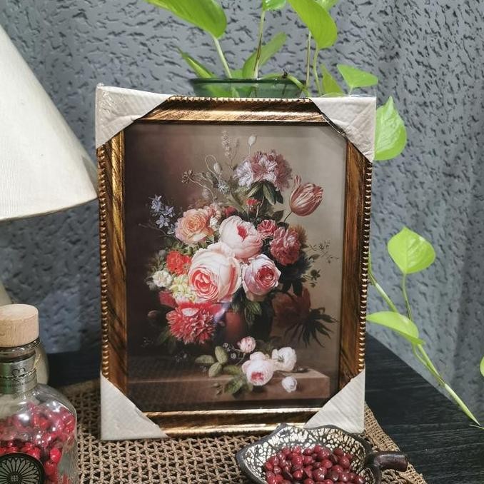 Lukisan Gambar BUNGA PEONY ATAS MEJA PEONY ON TABLE Kaca SiapGantung M HI