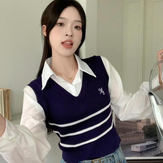 AJW [XCE] Atasan Wanita Crop Top V-Neck Kerah Polo | Baju Atasan Wanita Terbaru Rompi Knit Vest Polo