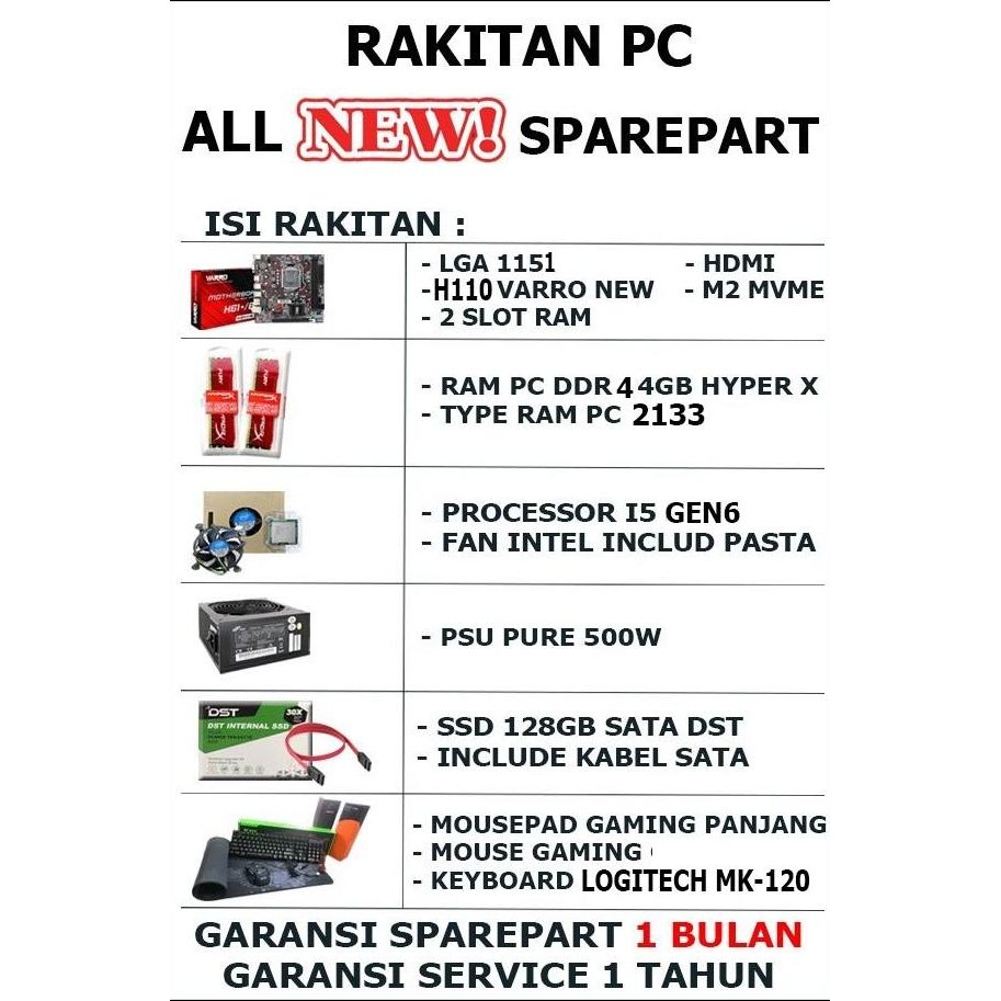 Pc Rakitan Warnet Gaming Office I5 Bonus Keyboard Mouse New Stok