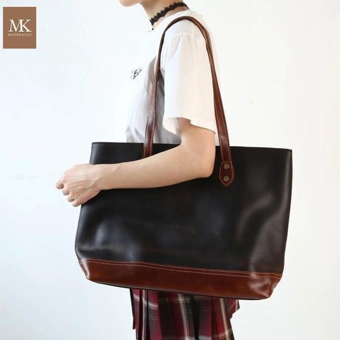 baru Leather Tote Bag Wanita Full Kulit Asli Garut Kombinasi Trendy Mk.035 Kanvas