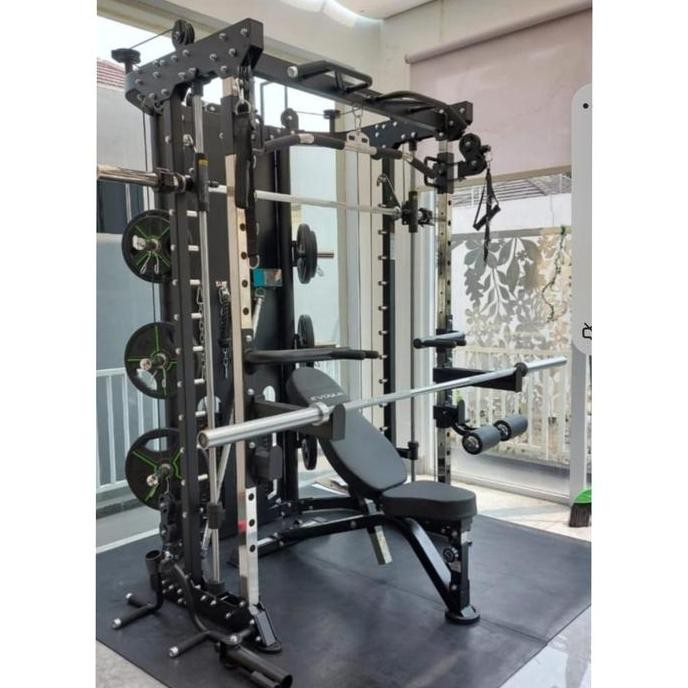 Smith Machine Multi Fungsi termasuk Leg Press, Adj. Bench, Plate & Bar
