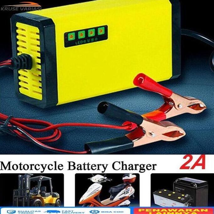 Charger Aki Portable 12V 2A Motor Mobil Charger Aki Motor Kering Dan Basah Led Indikator Car Kabel