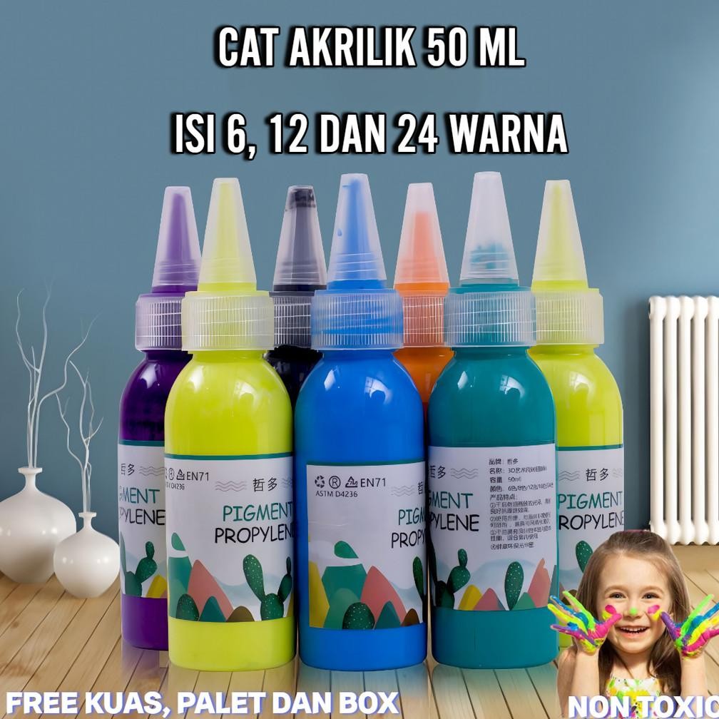 

CAT AKRILIK MELUKIS UKURAN 50 ML ISI 6, 12 DAN 24 WARNA DAPAT DIGUNAKAN UNTUK CAT TELAPAK TANGAN