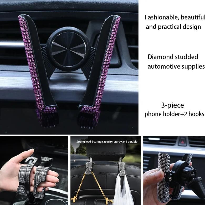 3PCS Car Phone Holder Set with Diamonds Car Air Vent Mount Clip Mobile Phone Holder Stand in seat Ca