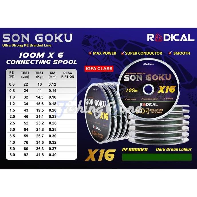 Radical Son Goku X16 Pe Braid 100M  Dark Green Senar Pe Murah Kuat