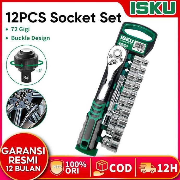 Isku Kunci Sok Set Cr-V 12 Pcs Kunci Sok Wrench 1/2" Rachet Kunci Set
