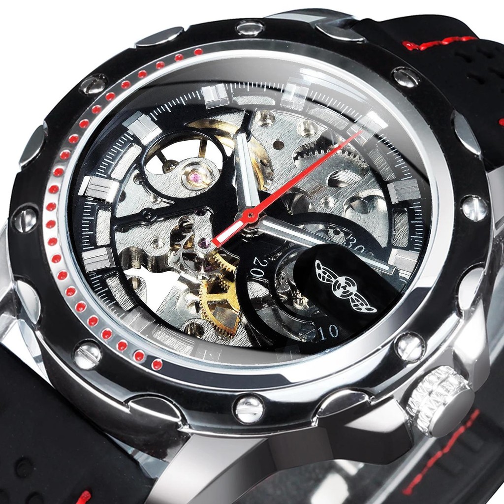 WINNER Sports Outdoor Mechanical Watch for Men Luminous Hands Black Skeleton Automatic Watches Luxur