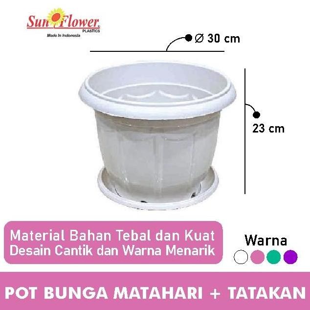 SET 2PCS POT BUNGA MATAHARI + TATAKAN 30CM - WARNA PUTIH PLASTIK