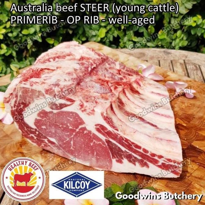 

Beef Primerib Op Rib (Oven Prepared) Aged-Frozen Portioned 1-4Ribs Australia Steer (Young Cattle) Kilcoy Blue Diamond Prime Rib