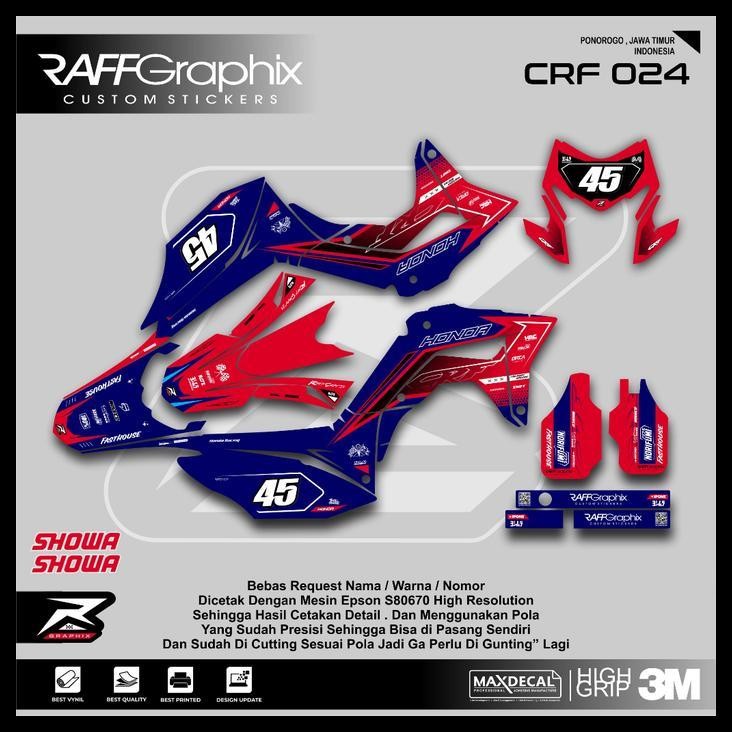 HOT DEAL (PREMIUM) DECAL CRF 150 BIRU MERAH PUTIH 024 FREE COSTUM NAMA NOMER 