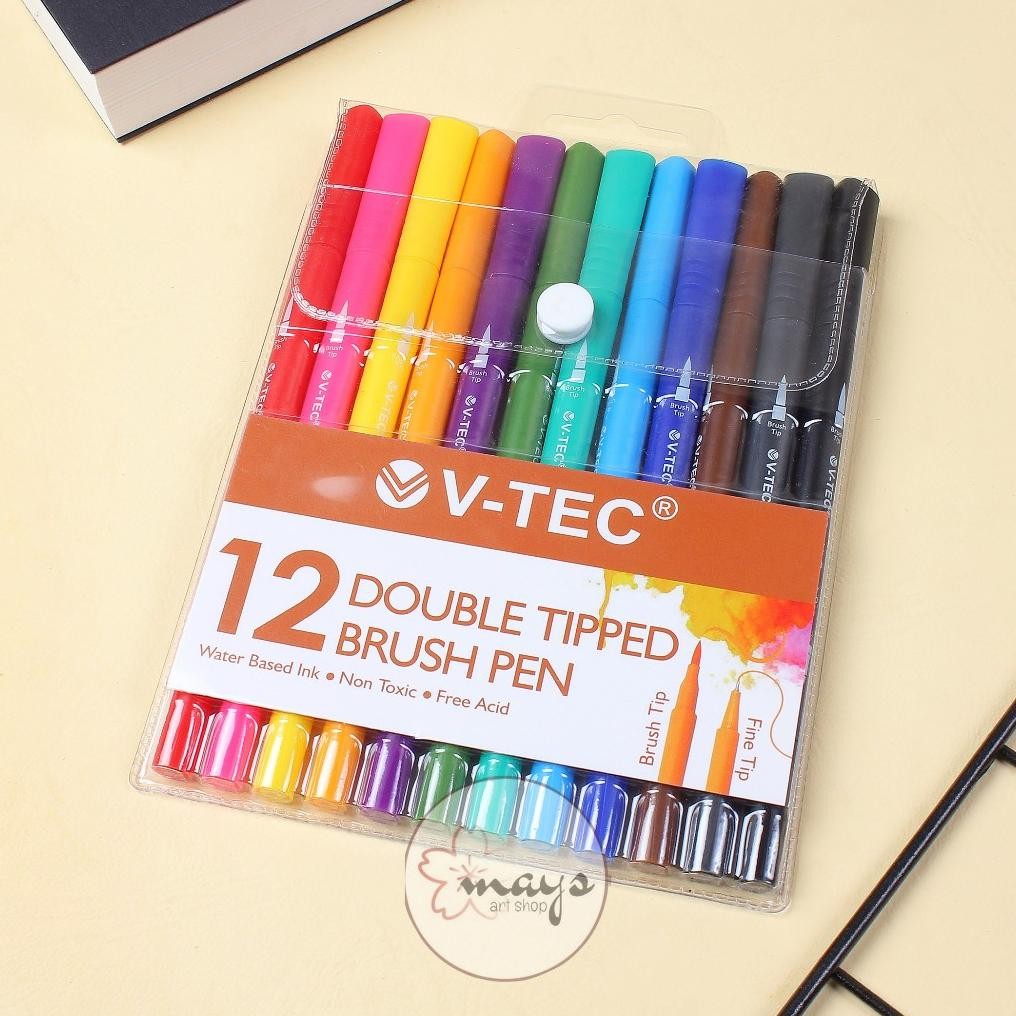

12 Pcs Colors Double Tip Brush Pen Set Isi 12 Warna V-Tec / Spidol Warna Warni Dua Sisi Mata Ujung Dual Tipped / Spidol Mewarnai Menggambar Pena Gambar DiM