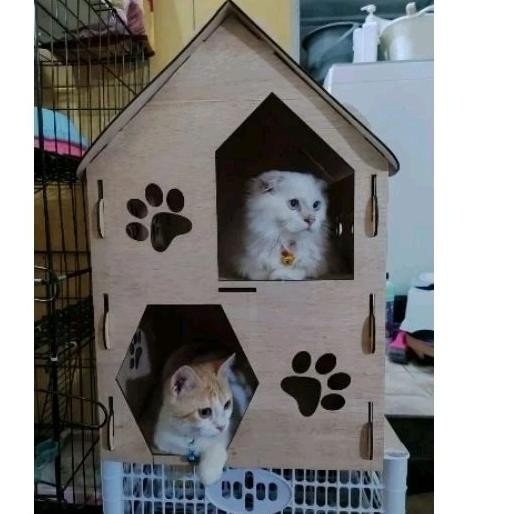 Kandang Rumah Kucing Kayu 2 Tingkat Murah Albasia Aman DiM