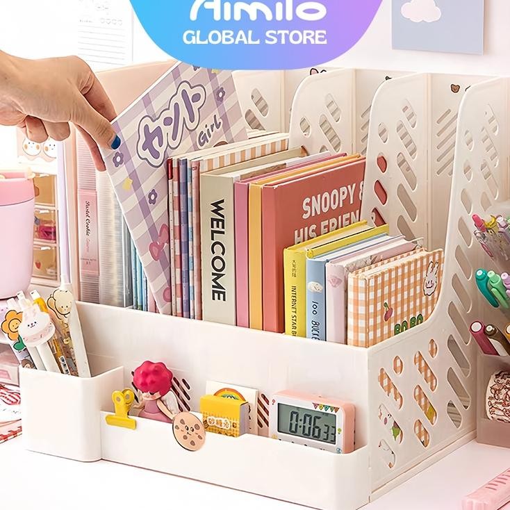 

Aimilo Rak Buku Minimalis Aesthetic Tempat Buku Desktop Organizer File Serbaguna Box File Rak Buku Sekat