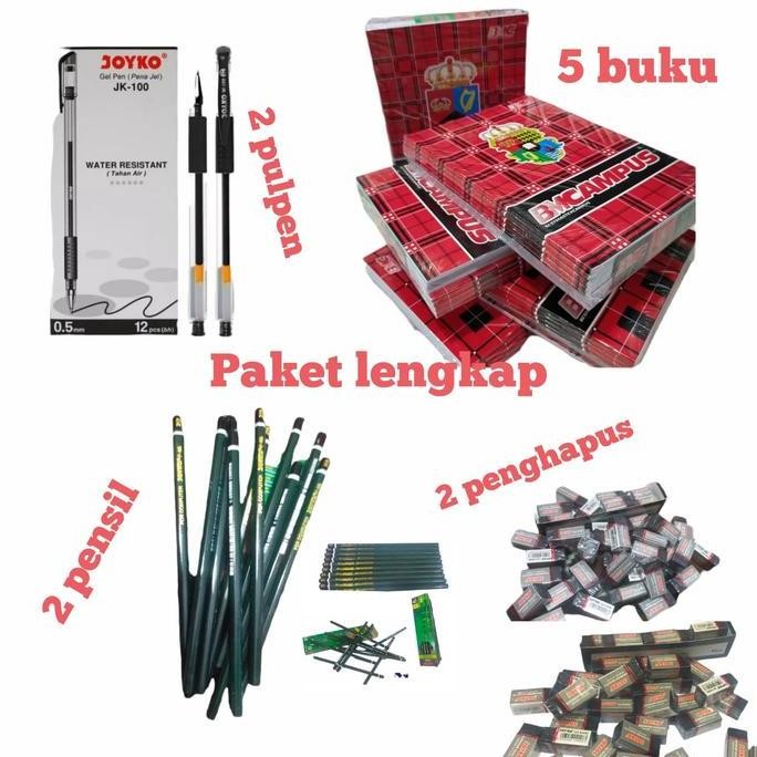 

Paket Sekolah Lengkap 5 Buku BMCampus 2 Pulpen Joyko 2 Pensil 2B 2 Penghapus
