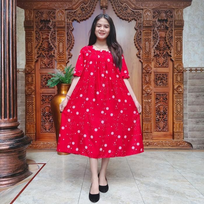 BB Dress Daster Kerut Nadira Motif Nabila Rayon Super Korea Style Lengan Pendek Premium Bali Terbaru