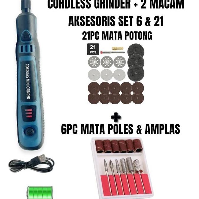 CORDLESS MINI GRINDER TUNER MESIN GERINDA POTONG POLES BATERAI CAS SET