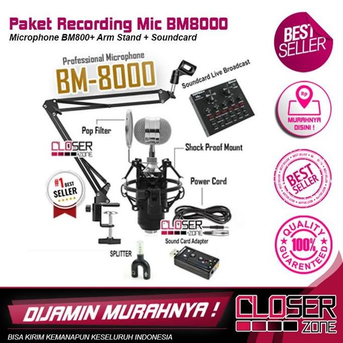 Paket Mic BM8000 Condenser Hitam Recording YouTube Podcast HP