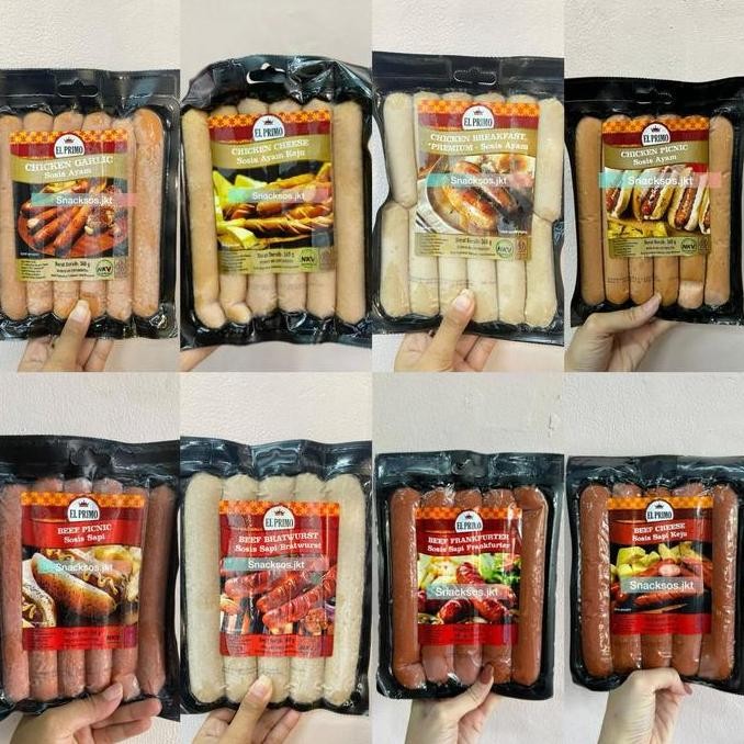 

ELPRIMO SAUSAGE CHEESE BEEF SOSIS SAPI KEJU / BEEF PICNIC / BEEF FRANKFURTER / BEEF BRATWURST - EL PRIMO SAUSAGE CHICKEN CHEESE SOSIS AYAM KEJU / CHEESE PICNIC / CHICKEN BREAKFAST PREMIUM / CHICKEN GARLIC