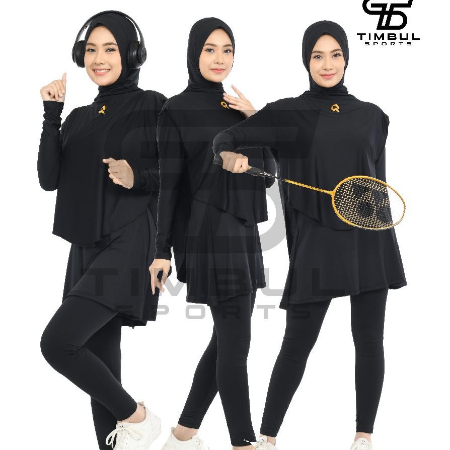 Stelan Baju Olahraga Wanita Muslimah Senam Renang Lari Bersepeda Legging Rok Hijab Rompi