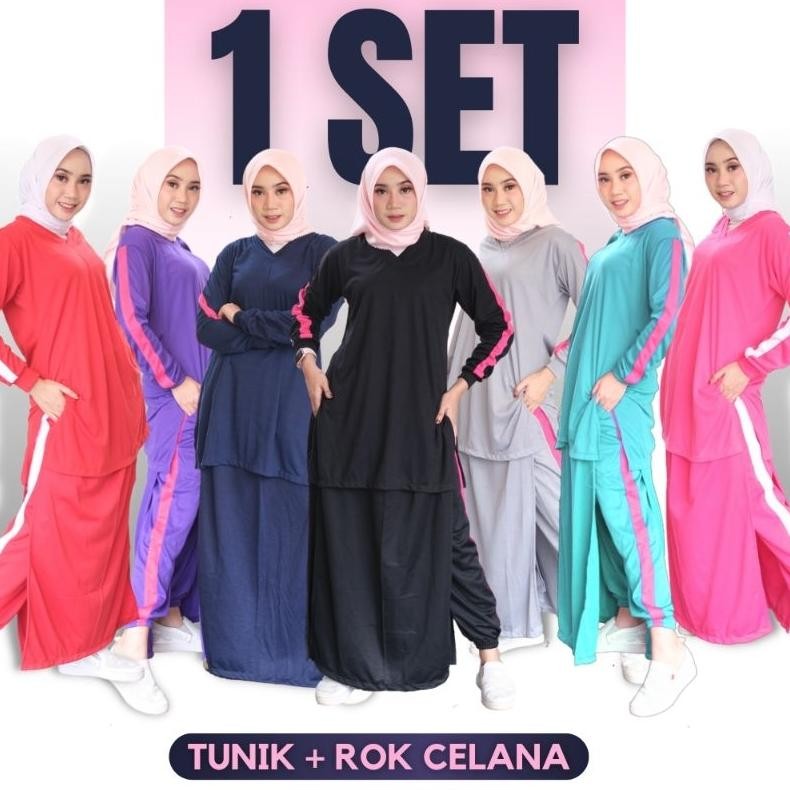 Setelan Olahraga Muslimah Jumbo Baju Wanita Muslim Syari Set Rok Celana Training Pakaian Rocella