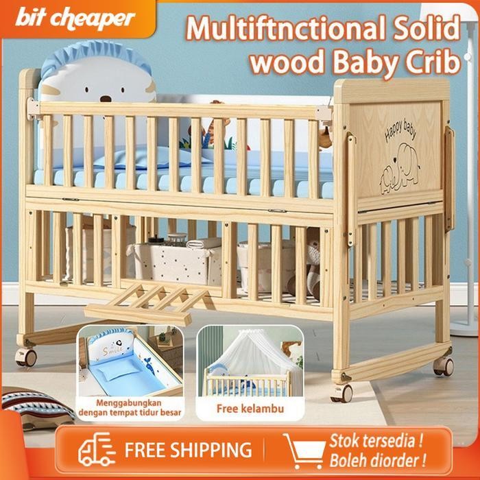 Tempat Tidur Bayi Kayu Kasur Baby Set Kelambu Bayi Box Ranjang Bayi Kayu Tempat Tidur Ayunan Multifu