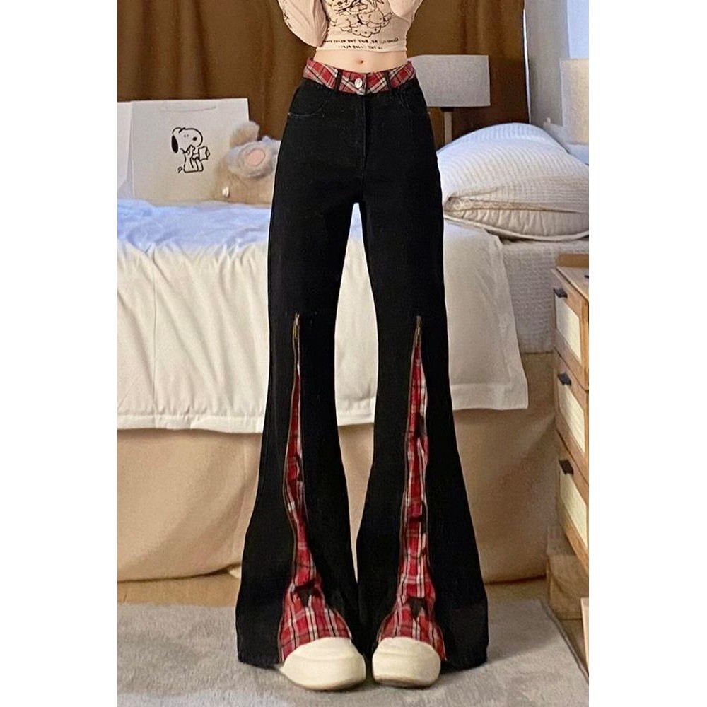 American Retro Red Plaid Flared Jeans for Women Summer Slimming Wide Leg Pants