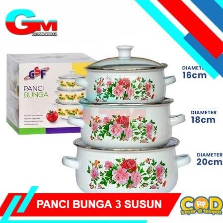 Terlaris Panci Bunga Calypso 3 Susun / Panci Enamel Bunga Set 3Pcs