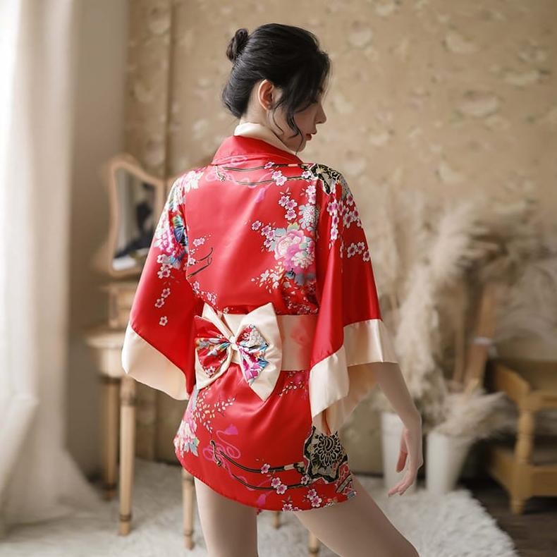Foiss Kimono Jepang Cosplay Lingerie Bahan Satin Motif Bunga 3080