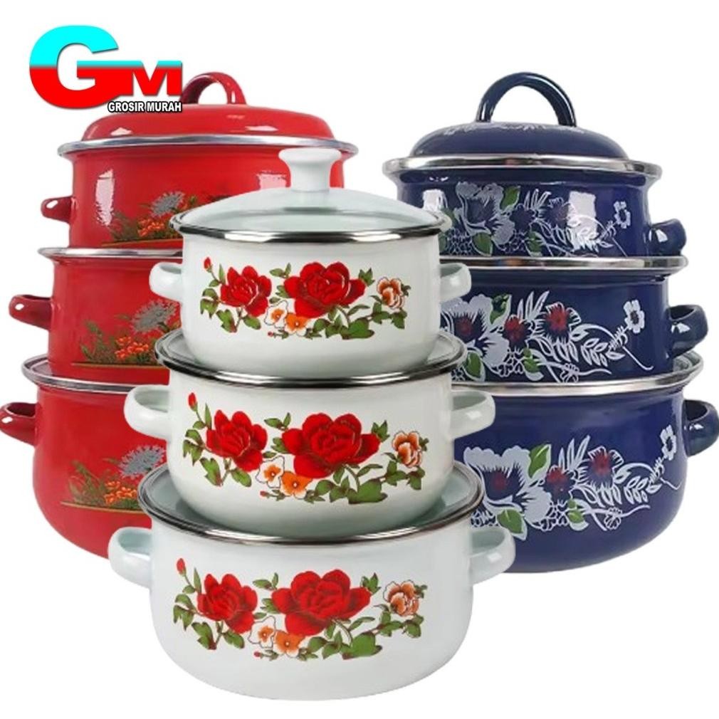 Terlaris Panci Bunga Calypso 3 Susun / Panci Enamel Bunga Set 3Pcs / Panci Enamel Lurik