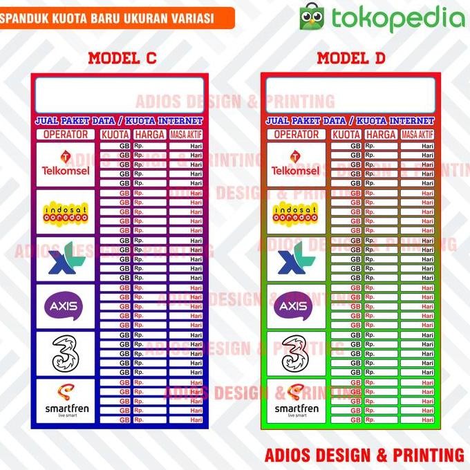 ready Spanduk pulsa Banner Tabel Harga kuota baru ukuran variasi