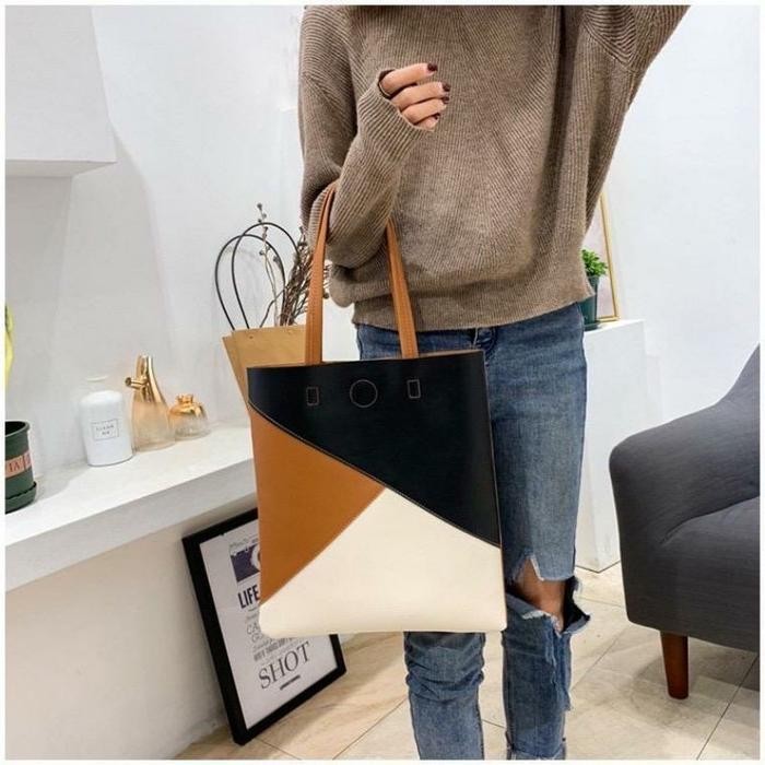 LB [Resleting] Tote Bag Wanita Bahan Kulit Sintetis Tiga Warna Ukuran 33x35 cm - Hitam, Krem, Coklat