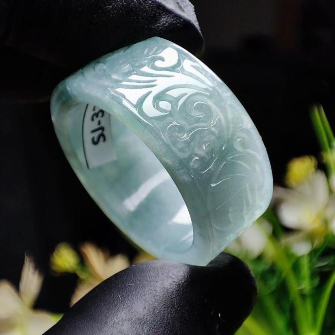Cincin Batu Giok Ukir Jumbo Asli Burma Natural Jadeite Jade Type A Bersertifikat