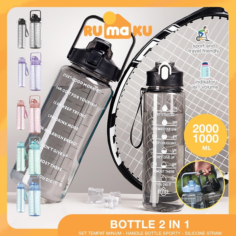 Rumaku Botol Minum Bening 2in1 Isi 2 Liter dan 1 Liter Motivasi Hydration Bebas BPA