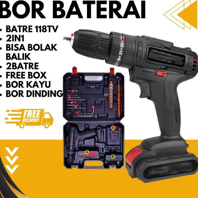 Tersedia Mesin Bor Listrik Set Koper 188TV Tanpa Kabel 2 Baterai Bor Tangan Portable