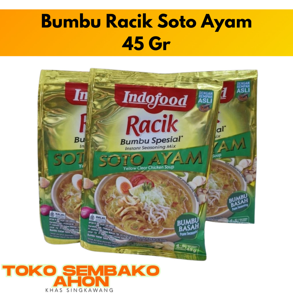 

Bumbu Racik Soto Ayam 45 Gr | Indofood Racik / Racikan Soto Indofood / Bumbu Soto Instan / Bumbu Soto Ayam Praktis